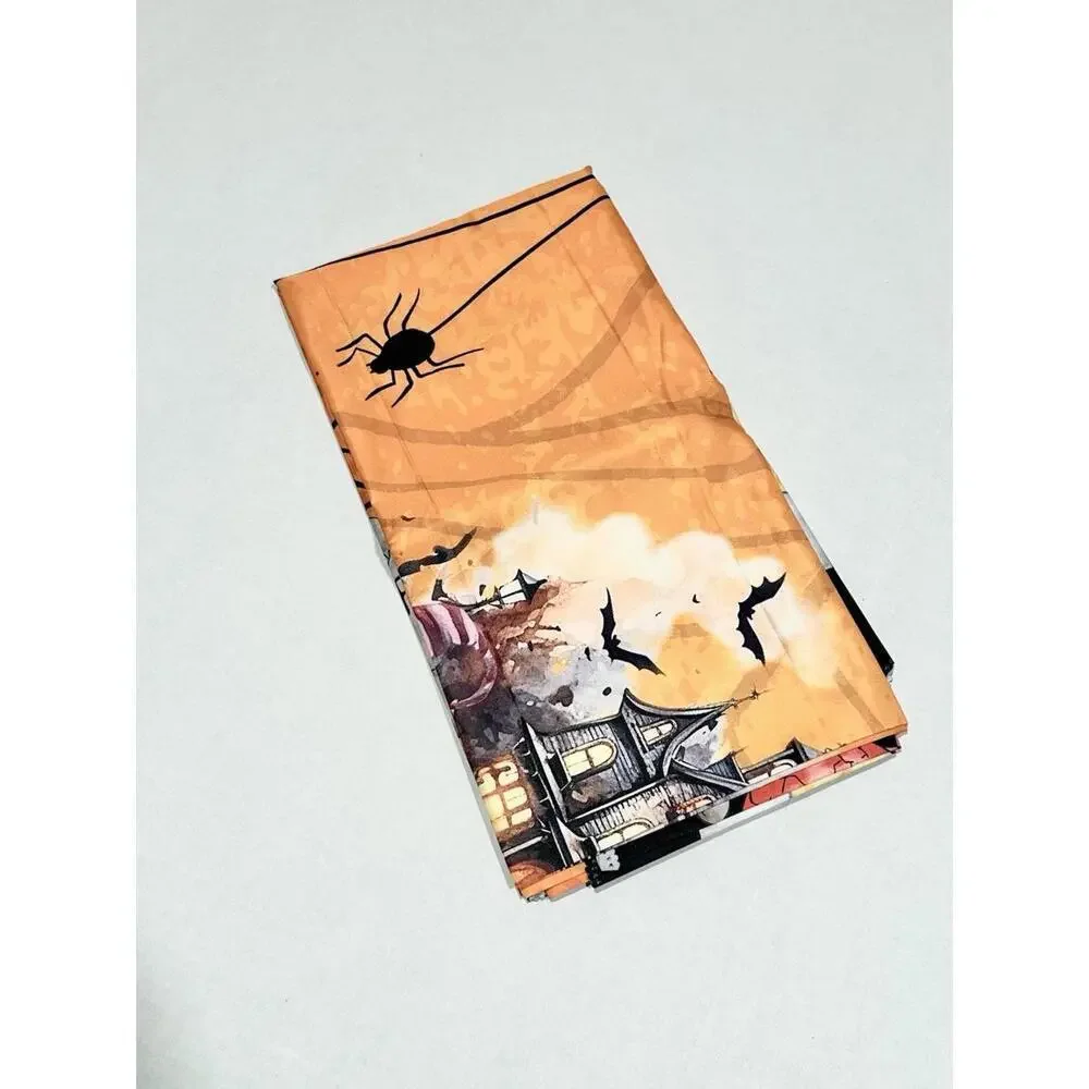 NEW Round Tablecloth Halloween Theme Orange Black Lining Pumpkins Spiders Bats